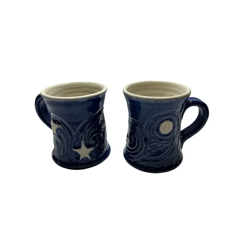Handmade Art Ceramic Pottery Pair Of Sun And Moon Mugs Blue And White 2 Cups